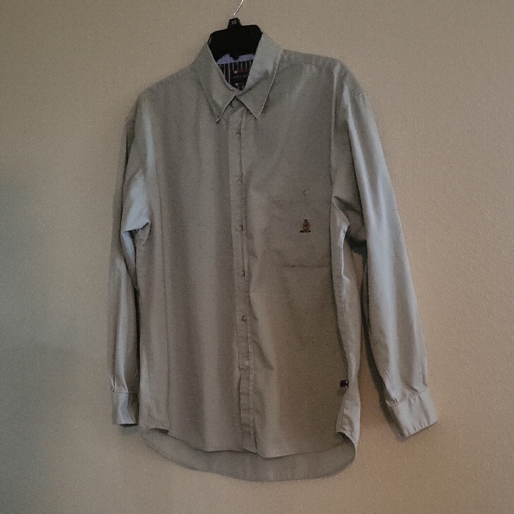 Vintage Bugle Boy Men's Beige Logo LongSleeve Button Up 80’s Shirt Size L